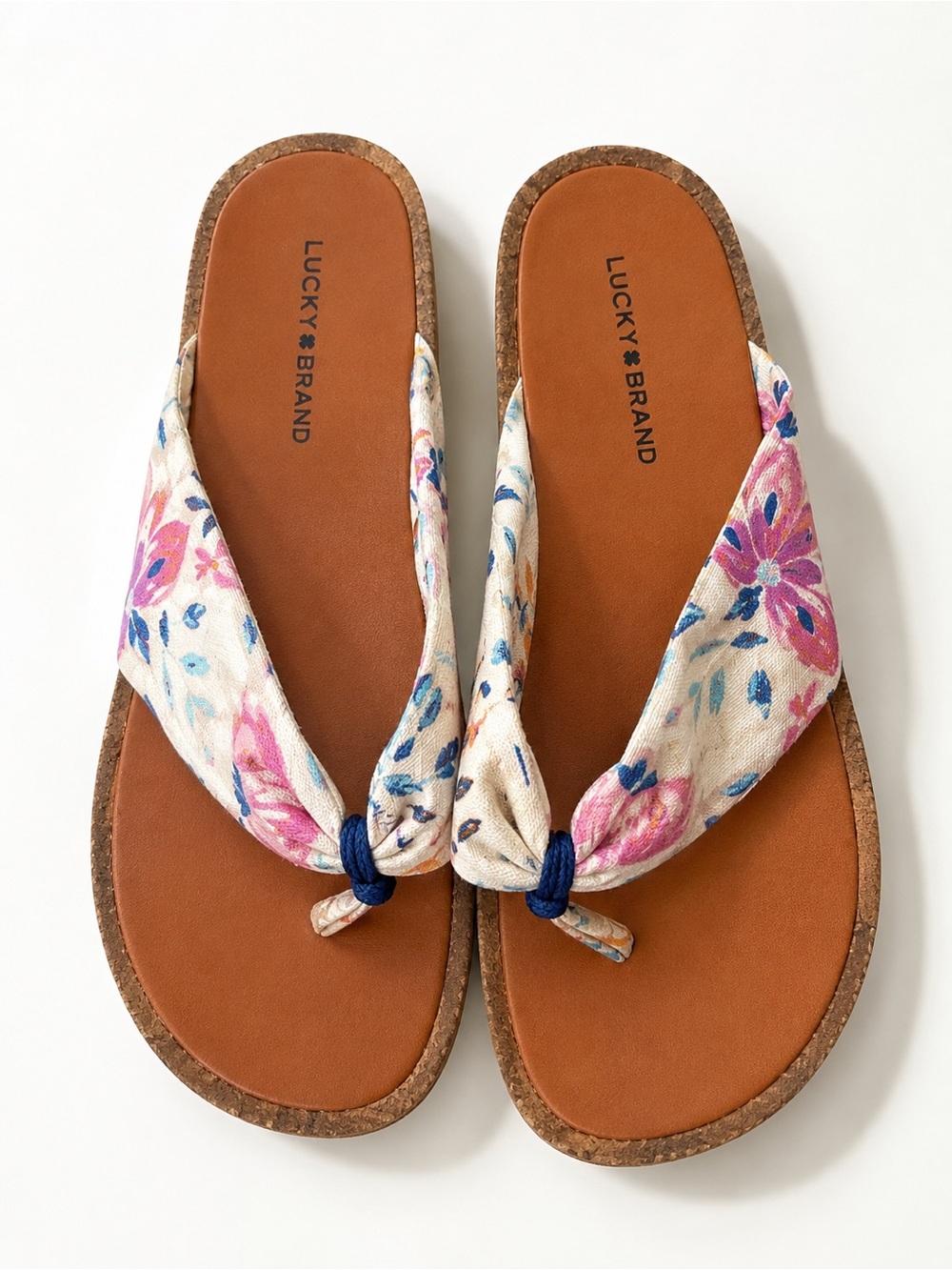 Lucky Brand Cream Floral Thong Sandals with Pink & Blue Accents